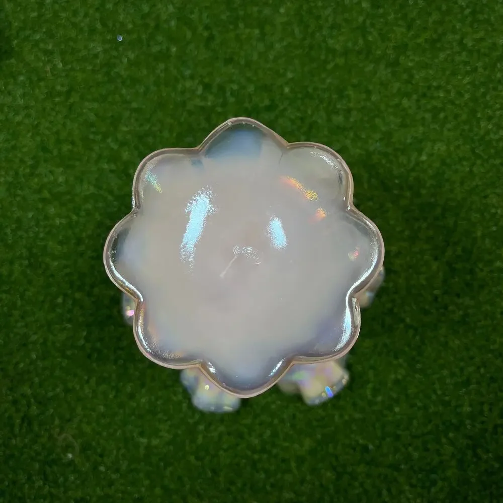 Vtg Fenton Pink Iridescent Opalescent Cabbage Rose Ruffled Pedestal Compote USA